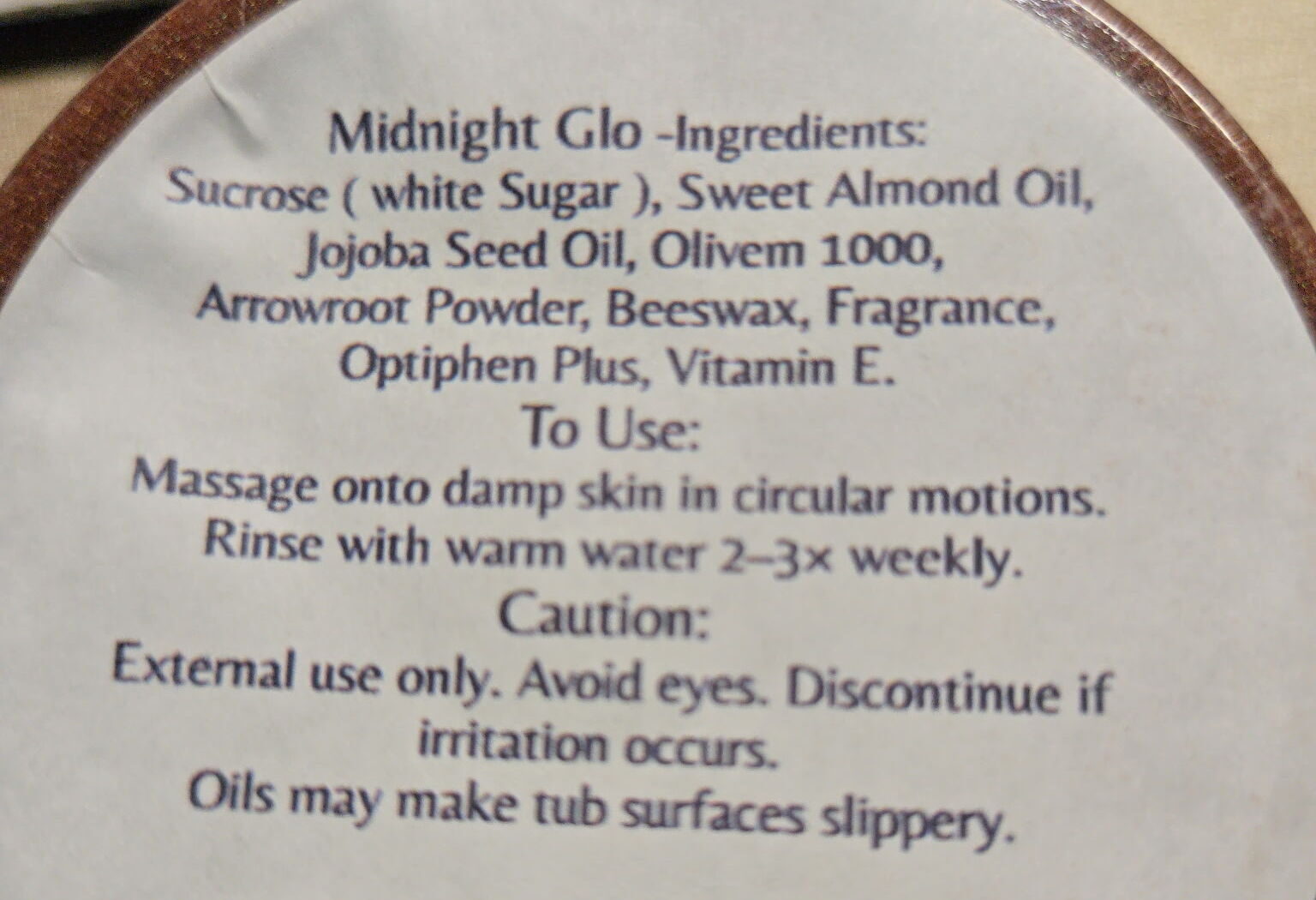 Midnight Glo ingredient label, hand-lettered on the jar lid